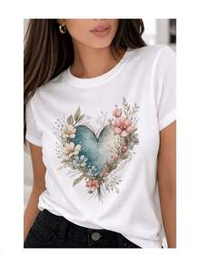 Women's Short Sleeve T-Shirt With Floral Heart Print, Wreath, Wildflowers, Watercolor Artistic Finish - 白色 - 查看 6