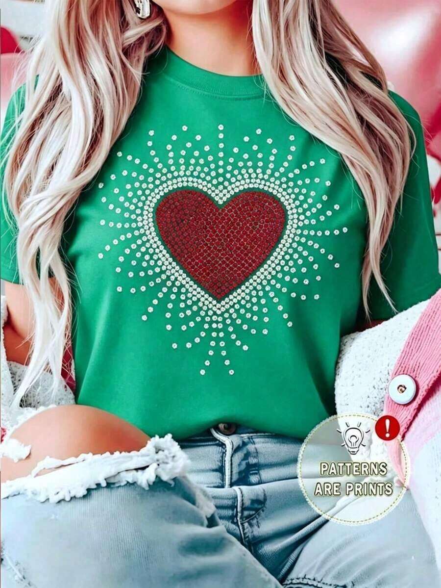 Suave Playera Blanca de Mujer con Gráfico de Corazón Rojo Radiante de Pedrería, Camiseta Aesthetic con Brillantes de Amor Manga Corta, Top Moderno Romántico, Blusa Casual de Moda para San Valentín, blusas para mujer elegante - Verde - Ver 1