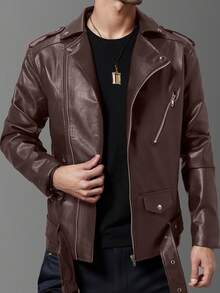 Chaqueta de otoño para hombre estilo punk británico, corte ajustado, solapa, cremallera y corte al bies. - Marrón - Ver 2