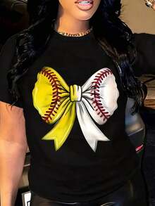 Camiseta de Softbol con Lazo para Mujer, Camiseta con Diseño Inspirado en el Béisbol, Top Deportivo de Moda - Negro - Ver 7