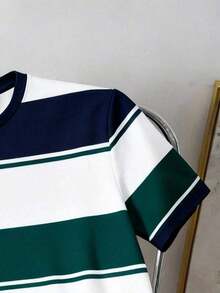 Camiseta casual minimalista de rayas azules para hombres, adecuada para la escuela, salidas, simple y versátil, estilo de verano - Verde militar - Ver 4