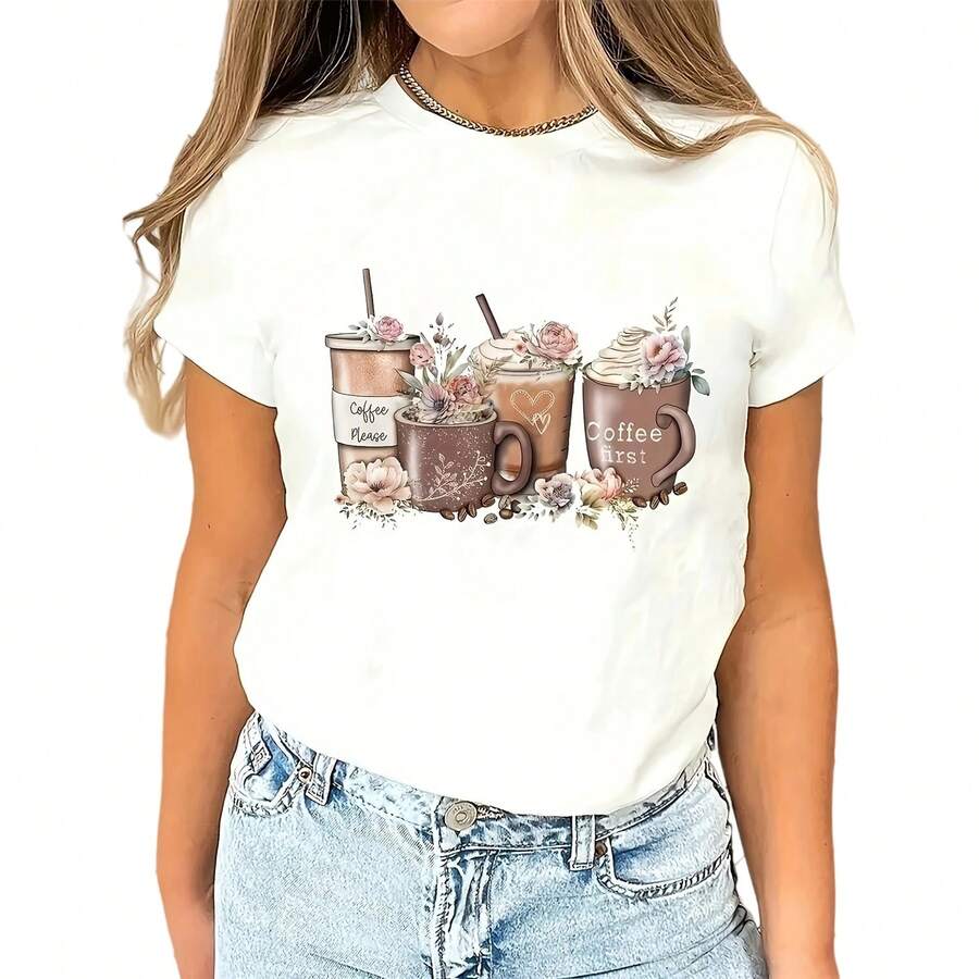 Camiseta casual de manga corta para mujer con estampado de café, de tejido de punto. - Blanco - Ver 1