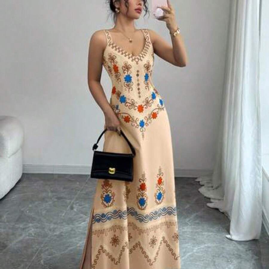 Raffinéa Women's V-Neck Spaghetti Strap Floral Linen-Feel Tie-Waist A-Line Print Dress, Spring/Summer - Naranja - Ver 1