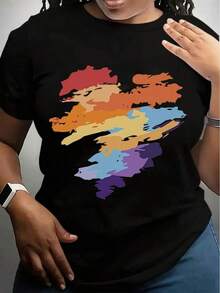 Women's Rainbow Abstract Art Print T-Shirt - Black Crew Neck Short Sleeve Graphic Tee With Vibrant Color Splatter Design, Fashionable Casual Top For Everyday Wear And Pride Events - 黑色 - 查看 1