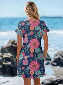 Vestido corto minimalista casual con cuello en V, adecuado para primavera y verano, ropa de verano para mujer, a rayas de colores, ropa de resort para mujer - Multicolor 9 - Ver 2
