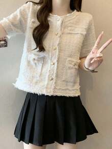 フレンチエレガンスなチェック柄のショートジャケット（風）　レディース　春夏新作　上品でスリムに見えるカーディガン　ファッション性抜群で着回し自在な通勤用 - ホワイト - チェックする 4