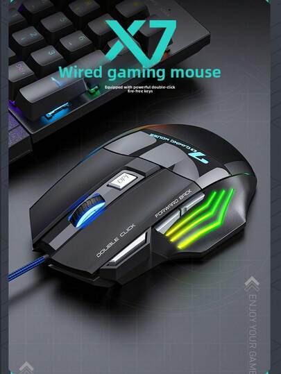 Kablolu Oyun Faresi, Ateşleme Tuşu, 7 Programlanabilir Düğme, RGB Mavi Işık, Ayarlanabilir DPI, Yüksek Hassasiyetli Optik Sensör, FPS/LOL/Oyunlar İçin, Ergonomik Tutuş, PC/Dizüstü Bilgisayar E-Spor İçin