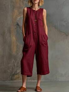 New Spring-Summer Jumpsuit For Women, Retro Casual Style, Sleeveless, White, Linen And Cotton, 3/4 Wide Leg, Flattering Design, Perfect For Daytime Looks, Walks And Holidays - 酒紅色 - 查看 3
