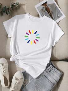 Camiseta Mujer Lunares Arco Iris Primavera Verano Casual Suelta Cuello Redondo Manga Corta - Blanco - Ver 6
