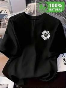 Women's Blouses, Women's T-Shirts, Casual Blouses For Ladies, Black T-Shirt With White Daisy Print, Casual Urban Style For Men VC8L - 黑色 - 查看 8