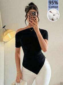 Camiseta de manga corta con pliegues y bajo asimétrico de unicolor casual para mujer, verano - Negro 2 - Ver 7