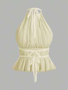 Top sin espalda con cuello de halter con pliegues y cintura con lazo para mujer - Amarillo claro - Ver 8