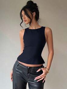 Blusa sin mangas con cuello redondo y lazo en la espalda, para uso casual y de oficina - Azul marino - Ver 5