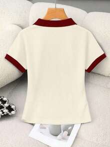 Blusa casual de mujer con cuello polo a rayas y manga corta - Albaricoque - Ver 2