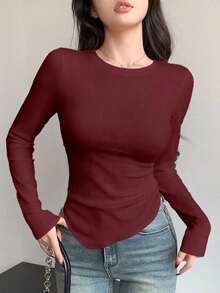 Camiseta de mujer de manga larga con diseño asimétrico y ajuste ceñido, ropa de otoño con estilo preppy - Rojo - Ver 4