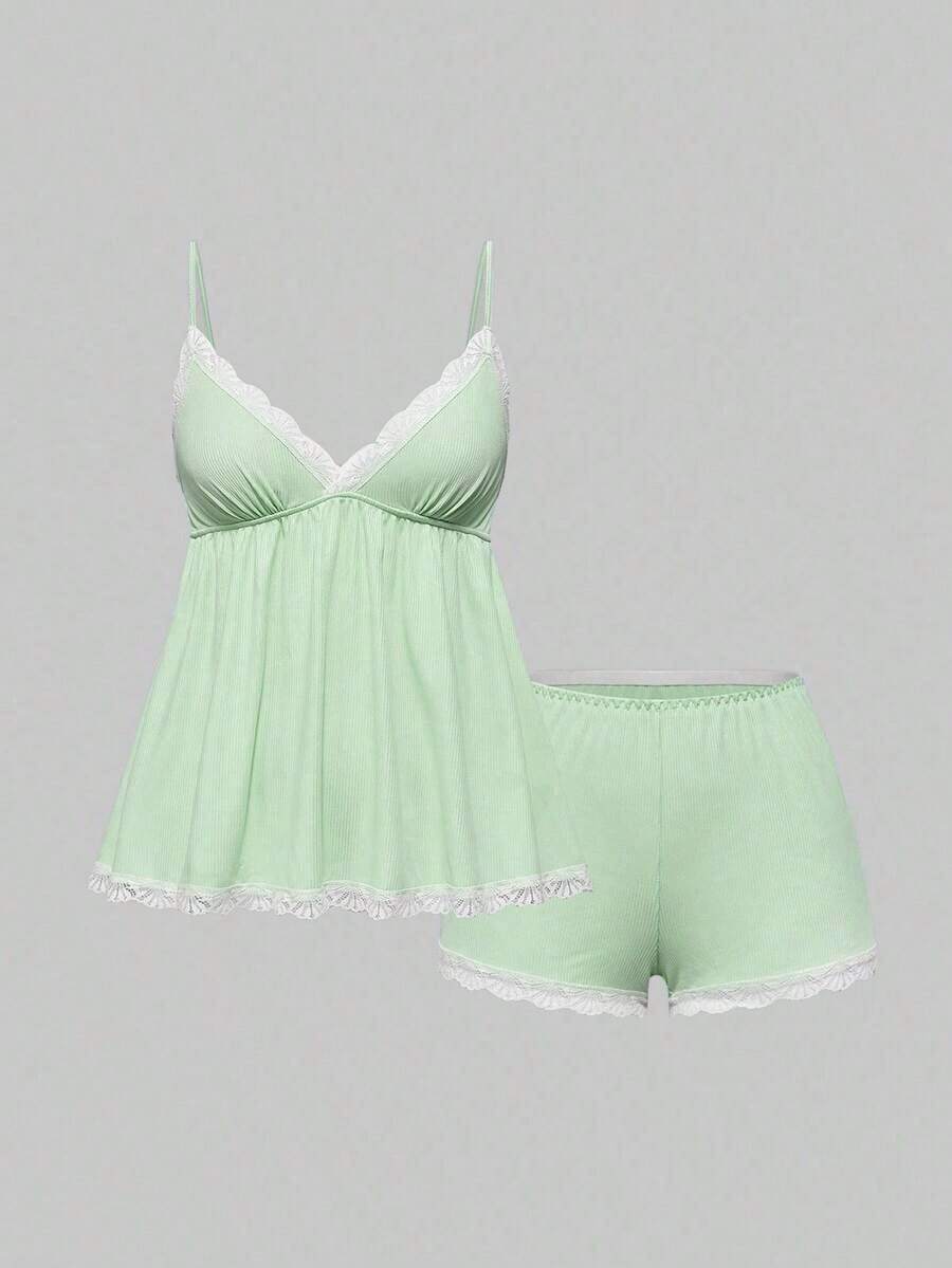 Conjunto de pijama casual de camiseta de tirantes acanalada y shorts con encaje - Verde - Ver 1