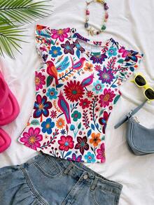 Camiseta casual de mujer con cuello redondo, mangas de volantes y estampado floral, blusas florales para mujer, blusas con mangas de volantes, para salir, blusas de manga corta lindas - Multicolor 3 - Ver 5