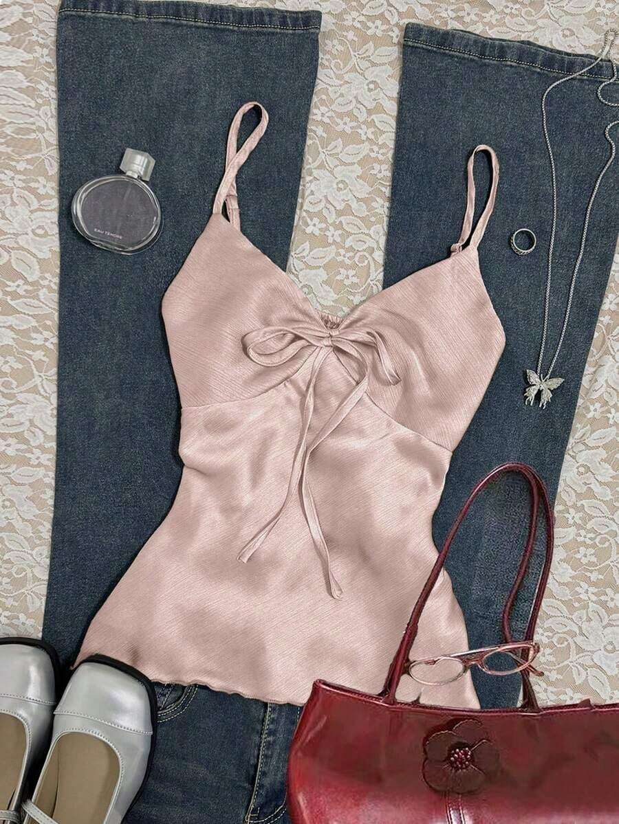 Camiseta sin tirantes minimalista con nudo delantero para mujer, ideal para el verano - Rosa - Ver 1