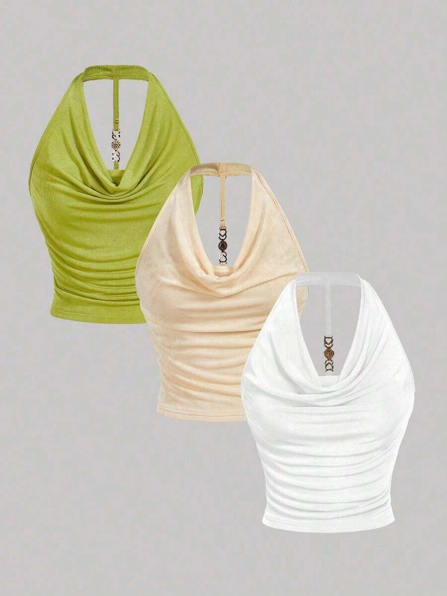 3 piezas Camiseta de mujer de unicolor con cuello drapeado de moda - Multicolor - Ver 1