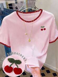 Camiseta de mujer de moda casual con cuello redondo y hombros caídos, camiseta con bordado de cereza, camiseta con bordado de toalla de cereza, camiseta casual y cómoda para exteriores, camiseta para todas las estaciones, camiseta con estampado de frutas - Rosa Pálido - Ver 5
