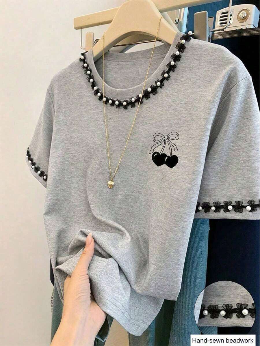 Camiseta de mujer de cuello redondo con estampado de contraste de color degradado de fresa, para verano - Gris Claro - Ver 1