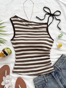 Top ajustada de punto con cuello asimétrico a rayas rojas y blancas, adecuada para vacaciones, fiesta, Navidad, cita, playa, crucero, carnaval, verano - Multicolor 2 - Ver 4
