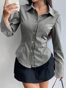 Camisa de manga larga casual a rayas que ciñe la cintura, apta para primavera/verano/otoño, tops de manga larga - Multicolor 2 - Ver 5