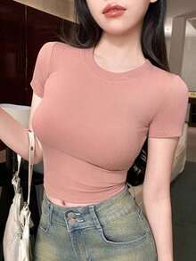 Camiseta de manga corta de unicolor casual para mujer, verano - Rosa vieja - Ver 6
