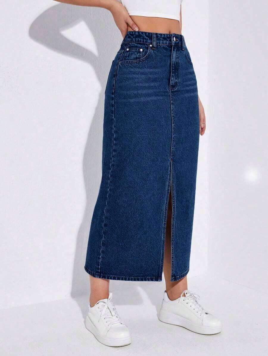 Falda vaquera larga casual con bolsillos y abertura lateral para mujer - Azul lavado oscuro - Ver 1