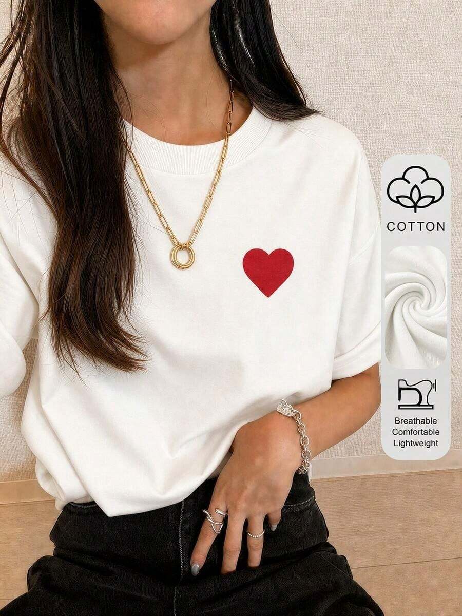 Nuevo Estilo de Verano 2026, Camiseta de Mujer de Cuello Redondo, Manga Corta Casual con Estampado de Corazón, 100% Algodón, Talla Grande, Ideal para Salir, Viajar y Uso Diario en la Calle. - Blanco - Ver 1