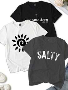 Set de 3 camisetas de manga corta y cuello redondo con estampado de letras inglesas y corazones, camisetas gráficas casuales de verano para mujer - Multicolor 12 - Ver 4
