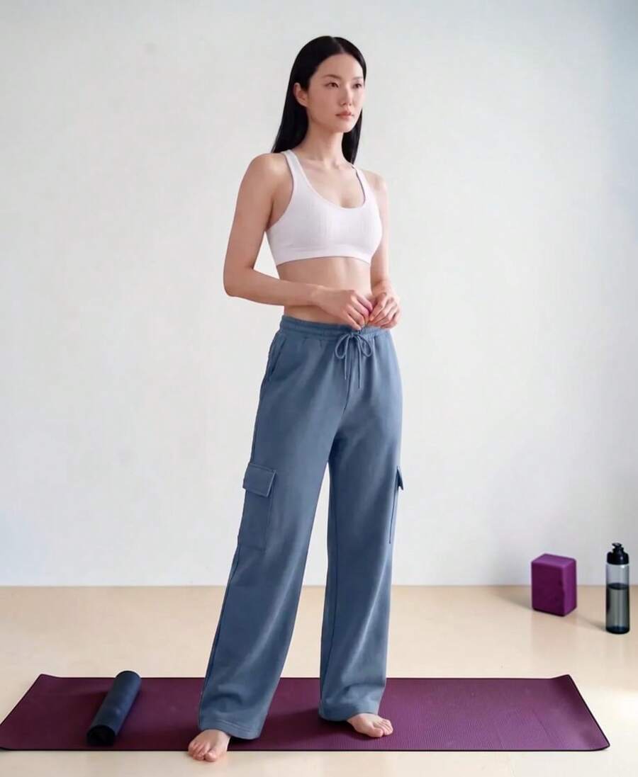 Pants Deportivo Cargo Dama Moda Comodo Con Bolsas Deportivo, Gym, Color Solido, Caliente, Resistente Mujer Pierna Ancha, Cintura con Cordon - Azul Denim - Ver 1
