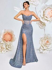 Vestido de fiesta con hombros descubiertos, calado en forma de espina de pescado, fruncido en la cintura alta con cinta, abertura en el muslo, espalda descubierta con lazo, largo hasta el piso, adecuado para invitados de boda, eventos formales, graduación y citas nocturnas - Gris - Ver 3