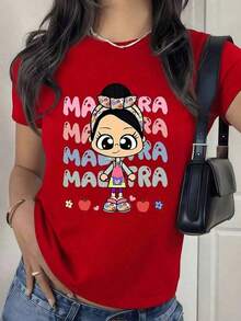 Short-Sleeve, Round Neck. Cute Cartoon Teacher Drawing With Colorful Letters, Hearts, Apples, And Flowers Expressing Affection And Gratitude. Women's T-Shirt, 100% Cotton, Comfortable And Fashionable. Casual Blouses For Women. - 紅色的 - 查看 1