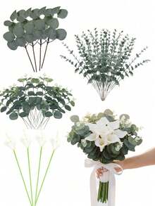 Set de 53/34/16/4 piezas de Flores Artificiales de Eucalipto + Cala, Flores Artificiales DIY, Adecuadas para Decoración de Bodas, Ramos de Novia, Cumpleaños, Día de San Valentín y Decoración de Fiestas - Blanco - Ver 1
