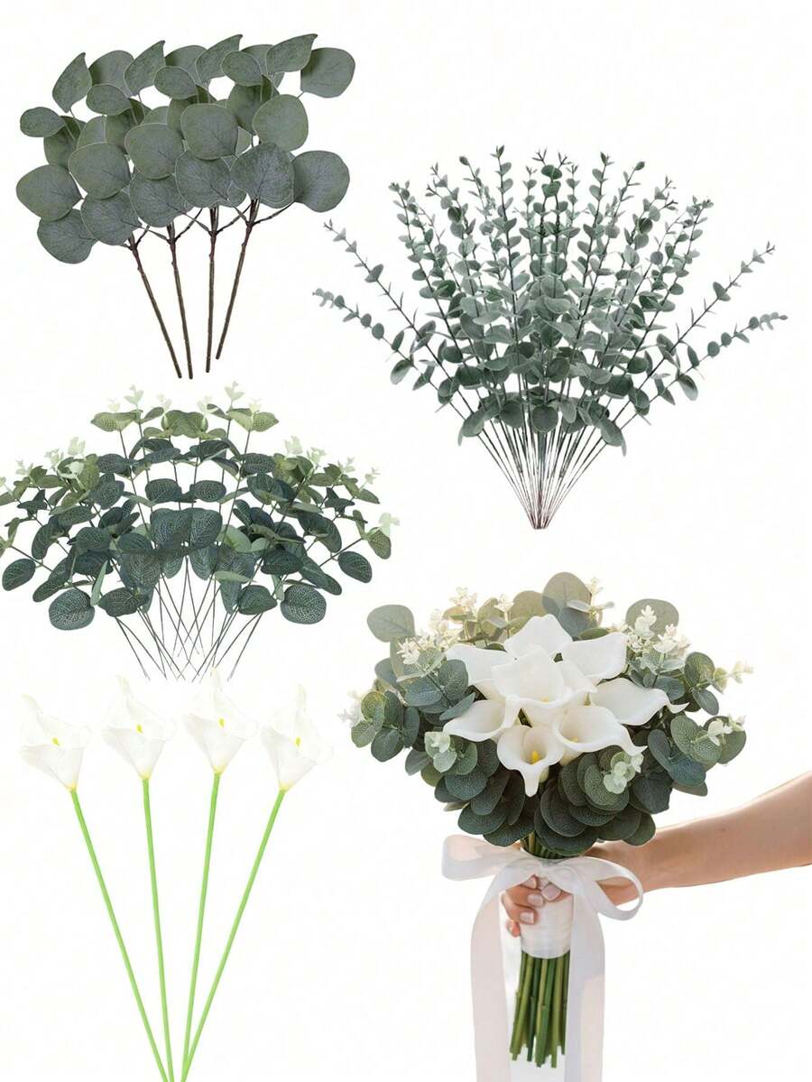 Set de 53/34/16/4 piezas de Flores Artificiales de Eucalipto + Cala, Flores Artificiales DIY, Adecuadas para Decoración de Bodas, Ramos de Novia, Cumpleaños, Día de San Valentín y Decoración de Fiestas - Blanco - Ver 1