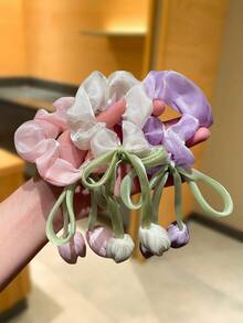 2pcs Lily Of The Valley Hair Scrunchies, [Beige, Blue, Pink, Green, Purple] Multi-Color Lily Of The Valley Hair Ties, Perfect For Summer Beach Photos Ponytail Elastic Hair Ties - Watermelon Pink - View 4