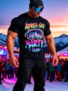 Elegante Camiseta Unisex Retro de los 80 y 90 con Diseño de Equipo de Esquí y Brillo Neón - Negra, Manga Corta, Cuello Redondo, Diseño Casual para Esquí y Montaña, con Brillo Neón, Lavable a - Negro - Ver 9