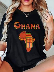 Elegante camiseta de algodón negra para mujer, con un vibrante estampado del mapa de Ghana y texto - estilo tradicional africano, camiseta de manga corta con cuello redondo de 180g, elasticidad media, ropa casual de verano, cómoda para el uso diario, camiseta de moda chic. - Negro - Ver 8