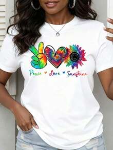 Women's Short Sleeve T-Shirt With Peace, Love And Sun Tie-Dye Print, Heart And Sunflower Design, Casual Style For Beach And Everyday Wear - Unisex Loose Cotton T-Shirt With Round Neck And Short Sleeves, Urban Vintage Style - 白色 - 查看 6