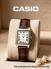 Casio 女士复古方形表盘罗马数字白色表盘棕色皮表带石英模拟腕表，金色点缀，复古经典正装腕表，适合妻子、母亲、女儿、周年纪念日、情人节、婚礼、派对、办公室、约会之夜等场合，优雅时尚。 - 棕色 - 查看 1