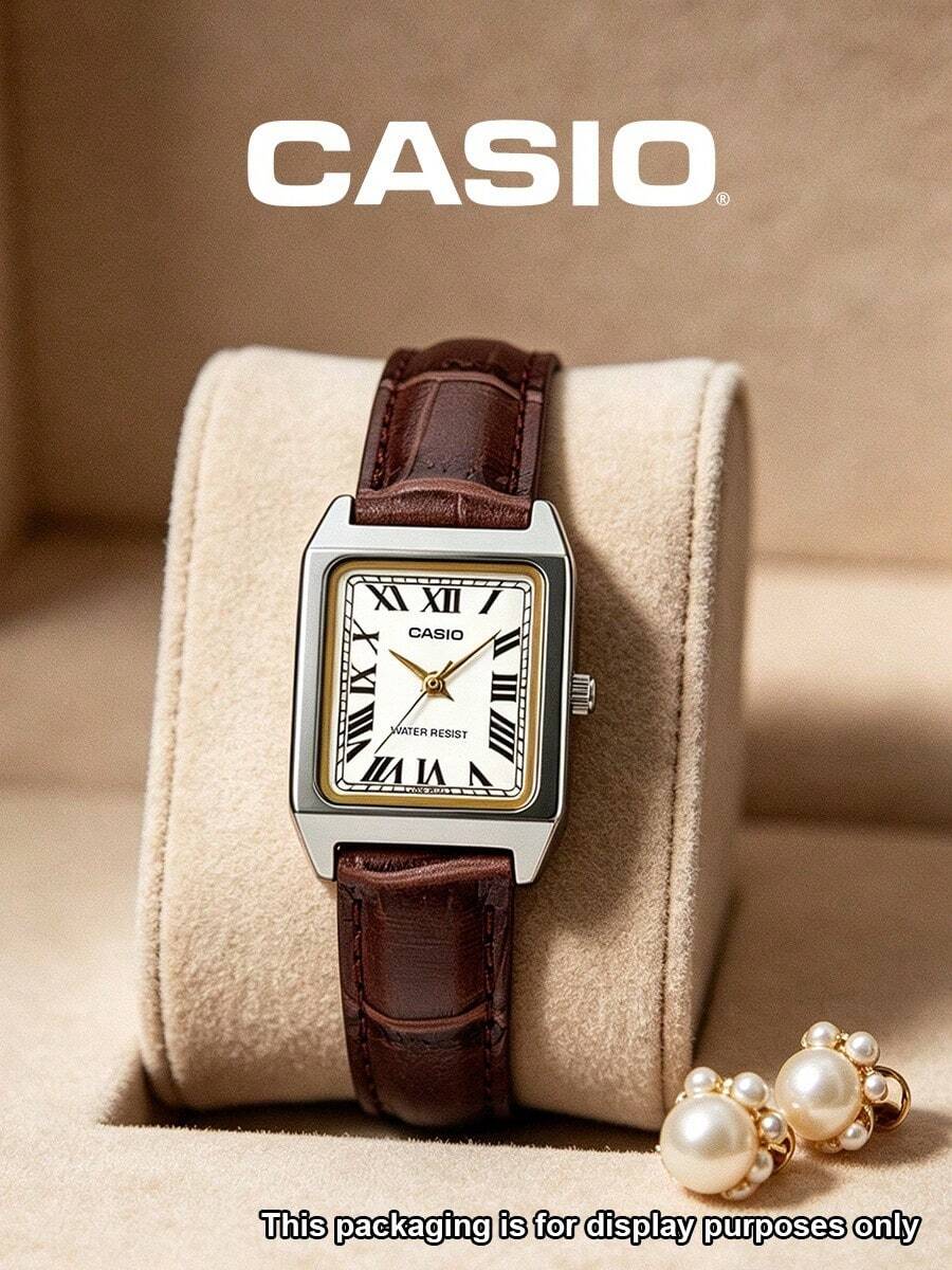 Casio 女士复古方形表盘罗马数字白色表盘棕色皮表带石英模拟腕表,金色点缀,复古经典正装腕表,适合妻子、母亲、女儿、周年纪念日、情人节、婚礼、派对、办公室、约会之夜等场合,优雅时尚。 - 棕色 - 查看 1