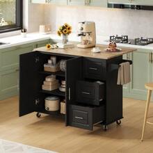 Large Mobile Kitchen Table L137*W43(76)*H92cm, Oak Top, Foldable, Multifunctional Furniture, 3 Drawers, Towel Rack, Ideal For The Kitchen, Dining Room, Home - Black - View 7