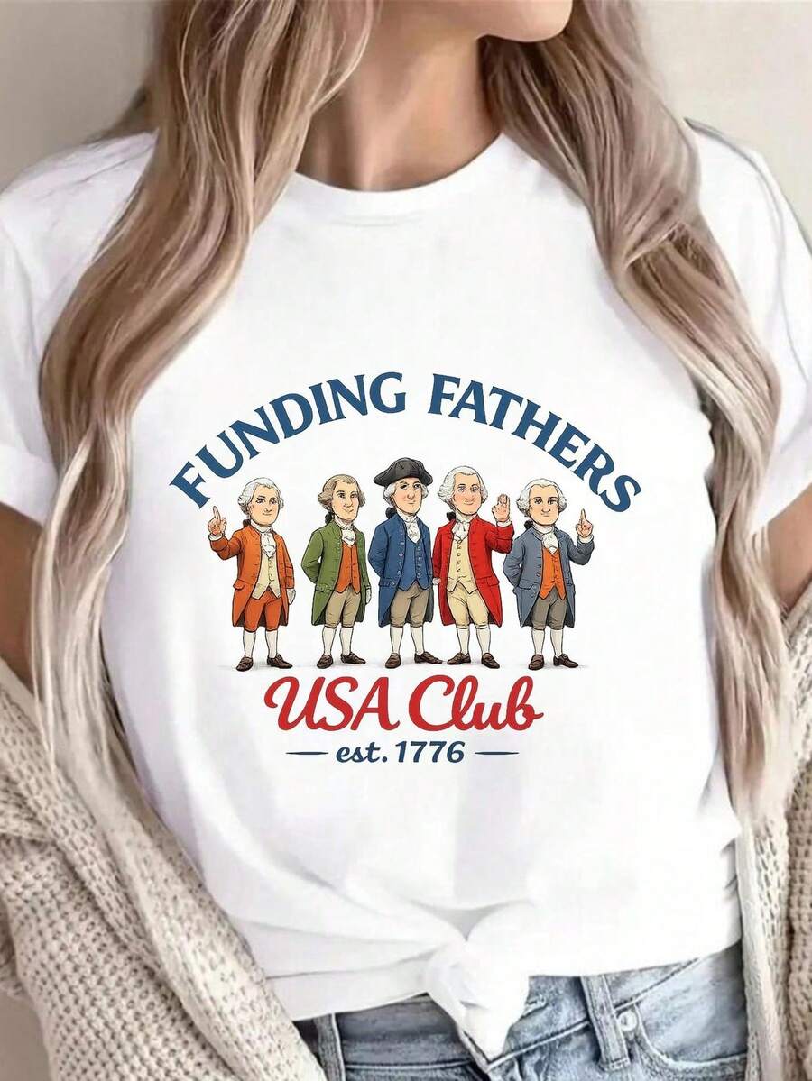 US Founding Fathers Club T-Shirt With Revolutionary Print. 220g Pure Unisex Cotton. Ideal Weight For All Seasons, Suitable For Men And Women. Durable, High-Quality Fabric That Is Soft To The Touch And Long-Lasting. Breathable. Suitable For Spring And Summer, Holidays, Mother's Day, And Independence Day. - 白色 - 查看 1