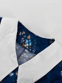 Vestido largo floral azul estilo primer amor 2026, cuello muñeca, manga corta, diseño elegante y favorecedor - Azul - Ver 5
