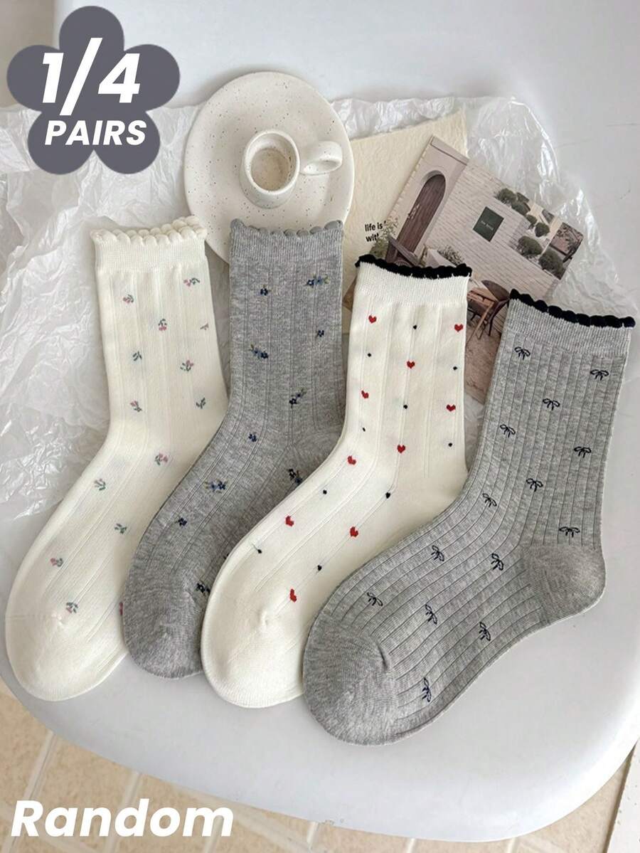 1/4 双随机颜色爱心蝴蝶结碎花透气可爱中筒袜，适合学生和日常通勤，春夏款