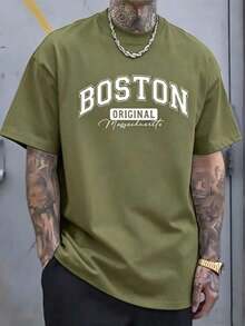 Original Design Men's T-Shirt 100% Cotton | Short-Sleeved, Crew-Neck T-Shirt, Soft And Breathable, With A Striking "Boston" Print, Suitable For All Seasons, Making It An Ideal Choice For Casual Wear And Holidays Such As Christmas, Easter, Halloween And Thanksgiving. - 綠色 - 查看 1