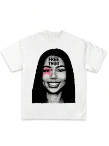 Men's And Women's Hip-Hop T-Shirt, Mariah Scientist Rapper, Classic Women's T-Shirt With Free Thugs Print, Crew Neck, Short Sleeve, Y2K Vintage Streetwear Style, YAYH Women's Oversized Cotton Graphic T-Shirt - 藍白色 - 查看 4