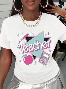 Women's Clothing White Teacher T-Shirt With Apple And Notebook Print Casual Women's Clothing For School And Everyday Wear Women's Shirts - 白色 - 查看 2