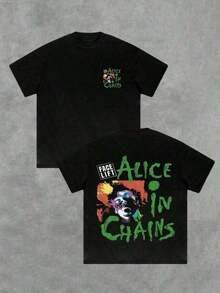 short-sleeveRopa de mujer, estilo casual Streetwear, camiseta con estampado gráfico de la banda Alice In Chains, impresión digital a doble cara, 100% algodón, casual, color negro para hombre, vintage, Y2K, oversize, grunge, rock, concierto, envío gratis. Cuello redondo, 100% algodón, tejido suave, manga corta, blusas transpirables y frescas para mujer. 100% Algodón - Negro - Ver 1